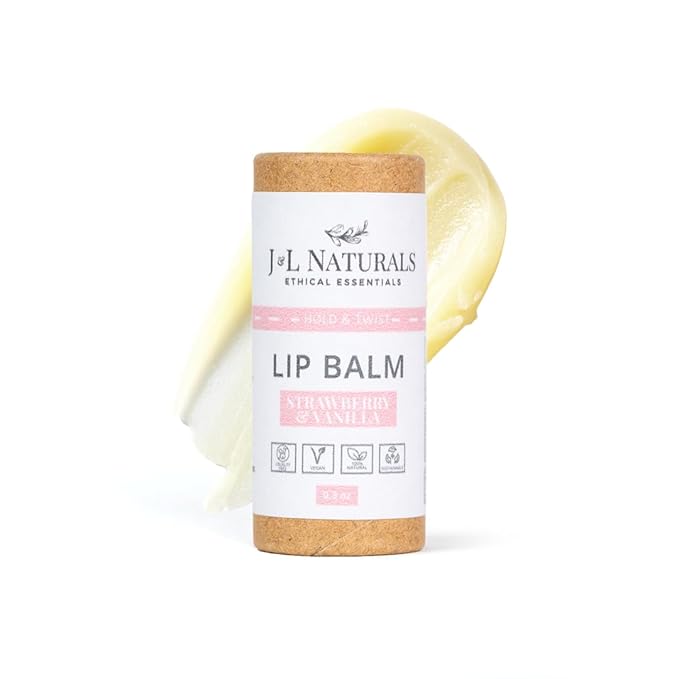 J&L Naturals Sustainable Lip Balm | Organic Ingredients, 100% Natural, Eco-Friendly | Cruelty Free, Vegan, Paraben Free, Silicone Free (Strawberry & Vanilla, Single)