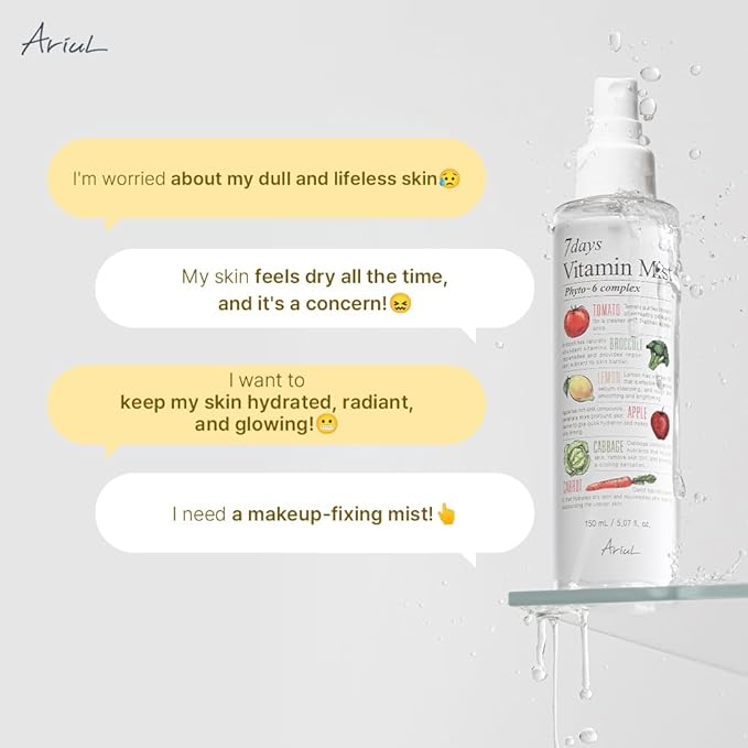 Ariul 7 Days Vitamin Mist 5.07 fl. oz. All Natural Green Graded Nutrients Facial Toner Moisturizing Spray - Biotin, Niacinamide, Riboflavin, Ascorbic Acid, Butylene Glycol, Cyanocobalamin