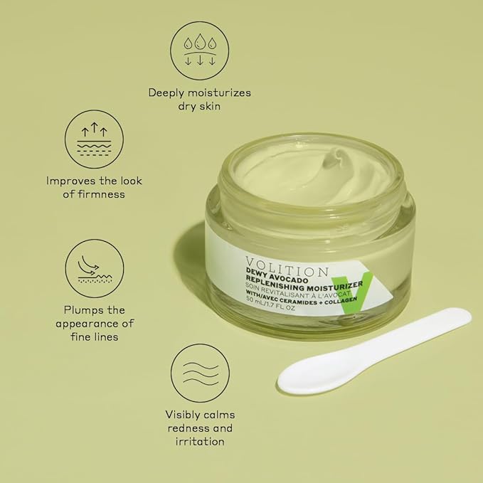 Volition Beauty Dewy Avocado Replenishing Moisturizer with Ceramides + Vegan Collagen | Soothes & Conditions Dry Skin | Calms Redness & Irritation | Supports Barrier Function | Plumps & Firms