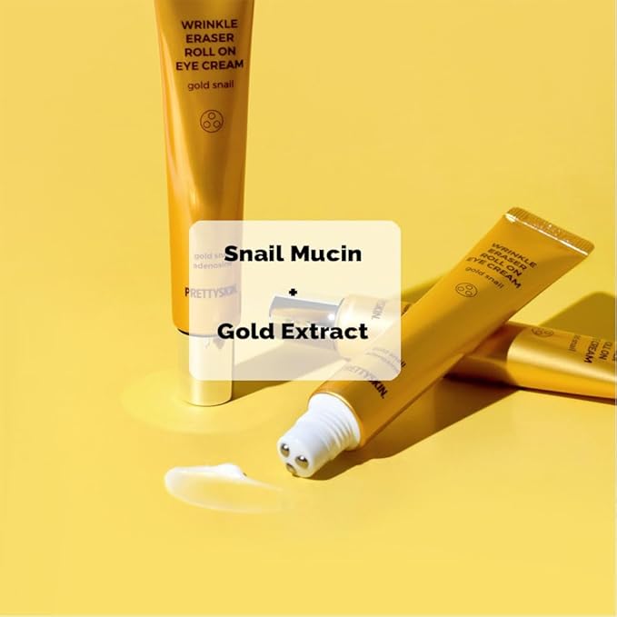PRETTYSKIN Snail Mucin Eye Cream Roller – Korean Under Eye Cream for Puffiness, Fine Lines, Wrinkles, Dark Circles – Hydrating, Cooling Roll-On with Stainless Steel Tip – 1.01 fl.oz. (Gold Snail)