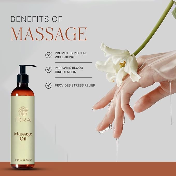 Idra Wellness Body Massage Oil for Massage Therapy - Contains Lavender, Rose, Ylang Ylang - 100% Pure - 240ml, Multipurpose Instant Absorption Full Body Massage Oil - 8 Fl Oz