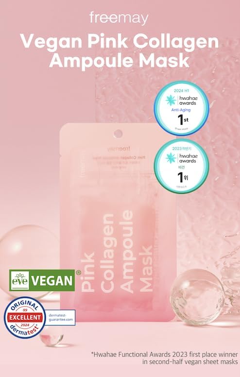 freemay Pink Collagen Ampoule Mask 27ml (0.91 fl oz) × 10 Sheets – Plant Collagen & Peptide Complex, Deep Hydration & Elasticity, Vegan Eco-Friendly Sheet