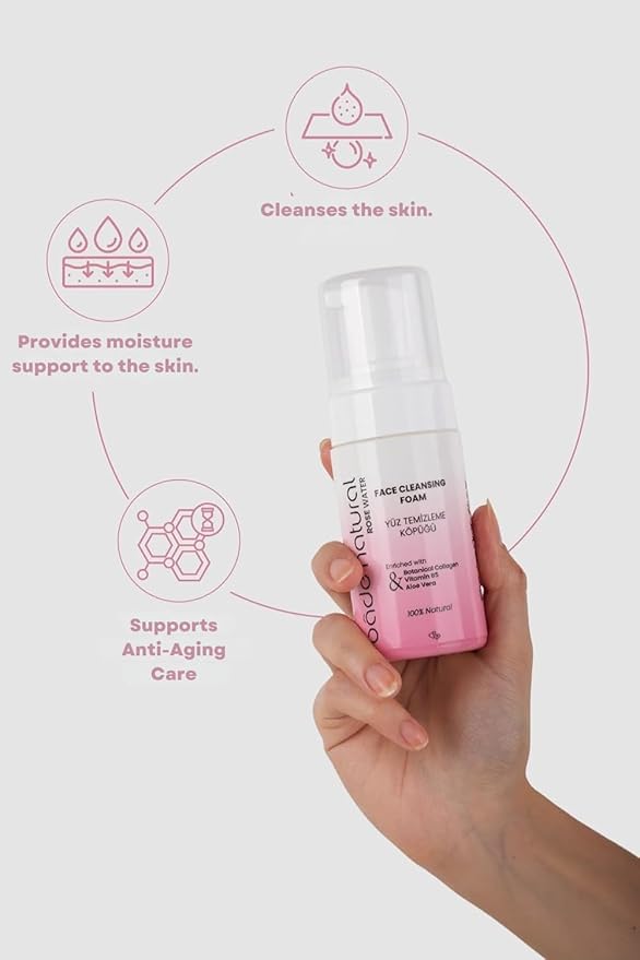 Bade Natural Rosewater Foaming Facial Cleanser – Gentle Vegan Face & Plant-Based Collagen – Hydrating for All Skin Types – 3.4 fl oz (100 ml)
