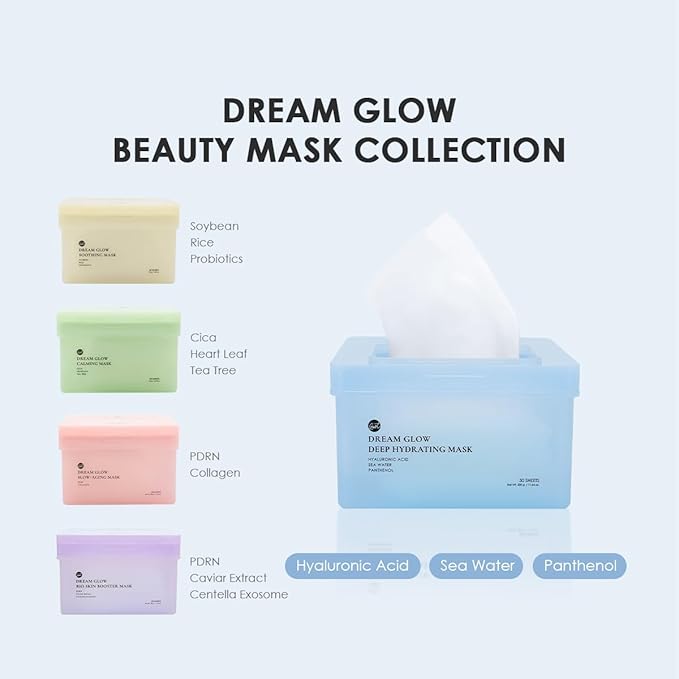 glowiest Dream Glow Deep Hydrating Sheet Mask (30 Count) – Hyaluronic Acid, Sea Water & Panthenol, Daily Moisture Mask for Dry & Dehydrated Skin, Korean Skincare, K-beauty