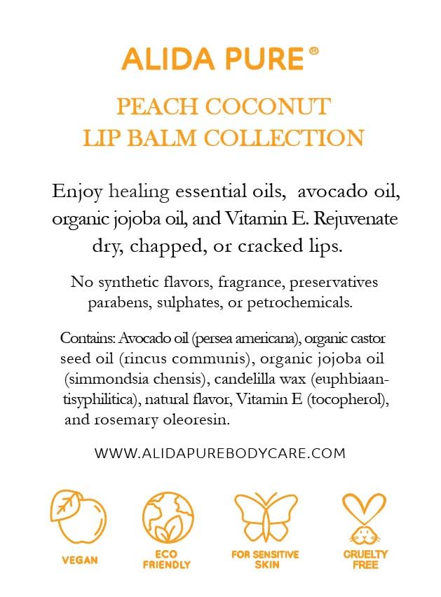 Peach Coconut Lip Balm Collection, Vegan Set, Lip Balm, Beeswax Free, with Organic Jojoba And Avocado Oil, Vitamin E, Natural Moisturizer for Dry, Chapped Lips, 3 Tube Set