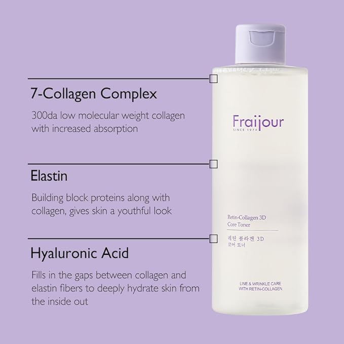 Fraijour Retin-Collagen 3D Core Toner – Anti-Aging Korean Toner with Bakuchiol, 7 Types of Collagen & Hyaluronic Acid, Firms Skin & Reduces Pores, Gentle for Sensitive Skin, 8.45 fl.oz.