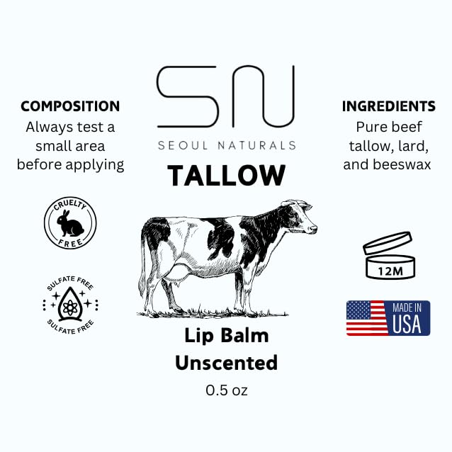 Seoul Naturals Tallow Lip Balm, Unscented, k beauty, 0.5 oz