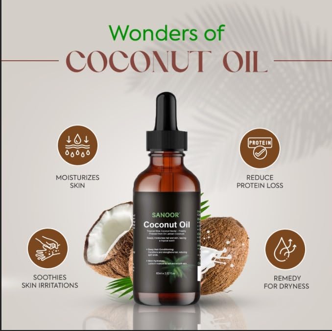 SANOOR Coconut Oil for Hair & Skin | Cold-Pressed from Sri Lankan Coconuts | Deep Hair Conditioning, Skin Hydration | 100% Pure Natural, Vegan | Tropical Scent | 60ml