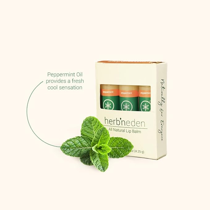 Herb’N Eden Peppermint Lip Balm Pack of 3 | Moisturizing and Soothing for Dry, Chapped Lips | 100% Natural Ingredients | Essential Oils