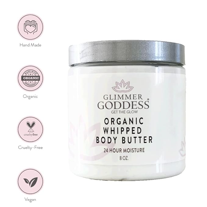 GLIMMER GODDESS Organic Whipped Body Butter, All-Natural Moisturizing, Anti-Aging & Brightening, Made with Organic Shea Butter, Coconut Oil, Cocoa Butter, Essential Oils, Citrus Crush