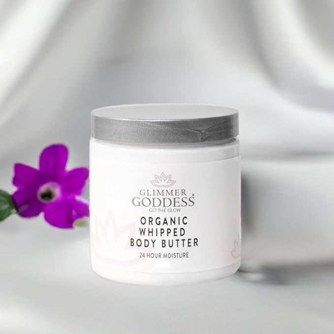 GLIMMER GODDESS Organic Whipped Body Butter for Women - Moisturizer Cream with Shea & Cocoa Butter, Almonds & Coconut Oil - Evening Snow, 8oz
