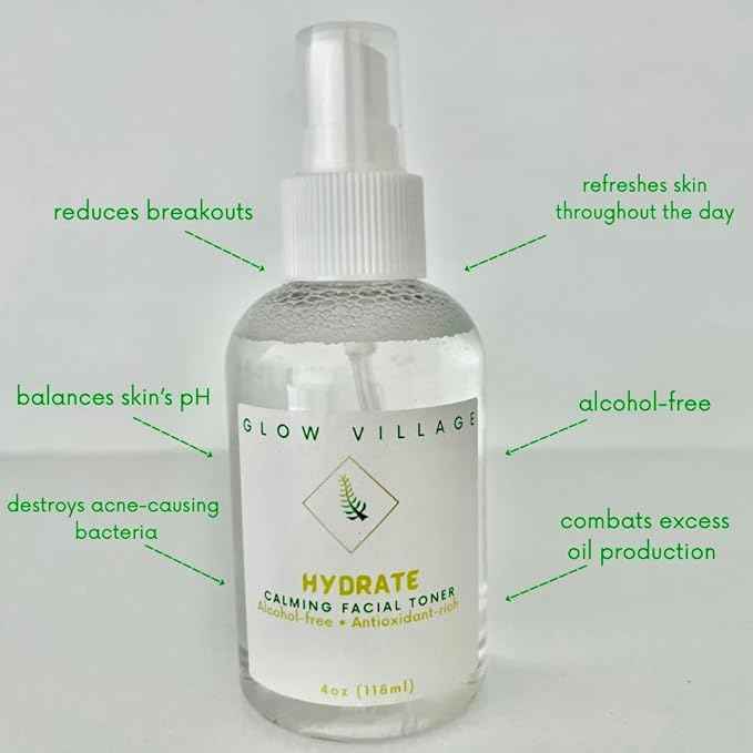 Hydrate Calming Facial Toner | Alcohol-Free, Oil-Free, Vegan, Organic Aloe Vera and Rosewater, Witch Hazel, Tea Tree | pH Balancing, Pore Tightening, for All Skin Types | 4 oz