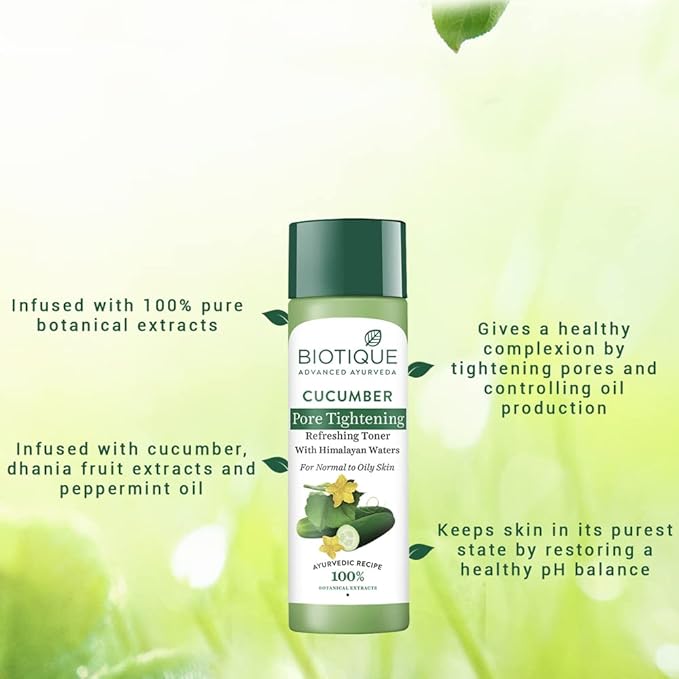 Biotique Bio Cucumber Pore Tightening Toner with Himalayan Waters for Normal to Oily Skin -120 ML/ 4.06Fl.Oz. I Help from Harmful Effects of Sun I Berberis aristata, Cucumis sativus