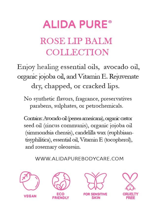 Rose Lip Balm Collection, Vegan Set, Beeswax Free, with Organic Jojoba and Avocado Oil, Vitamin E, Natural Moisturizer for Dry, Chapped Lips, 3 Tube Set
