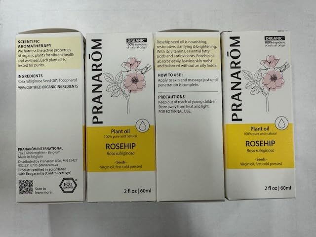 Pranarom - USDA Certified Organic Cold-Pressed Rosehip Virgin Plant Oil - 2 fl oz Glass Bottle - Massaging, Face, Hair & Skin, Unisex