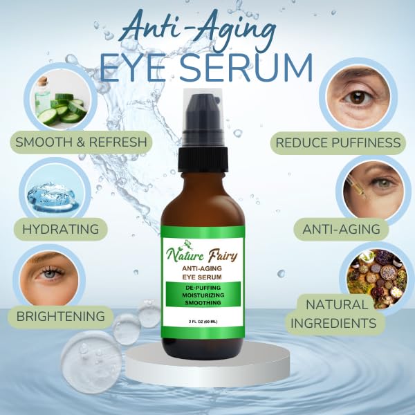 Anti-Aging Eye Serum, Natural De-Puffing Moisturizing Treatment for Dark Circles, Wrinkles, With Cucumber, Hyaluronic Acid, Caffeine, 2 Fl Oz