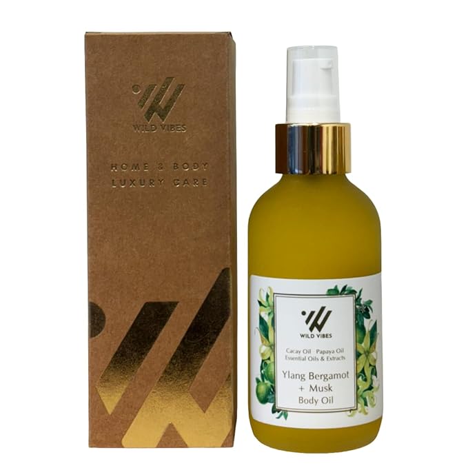 Wild Vibes Ylang Bergamot Body & Massage Oil - Hydrating Jojoba, Papaya Seed Oil, Vitamin E, Lupine Seed Extract for Collagen production – Nourishing Oil for all skin types 4oz