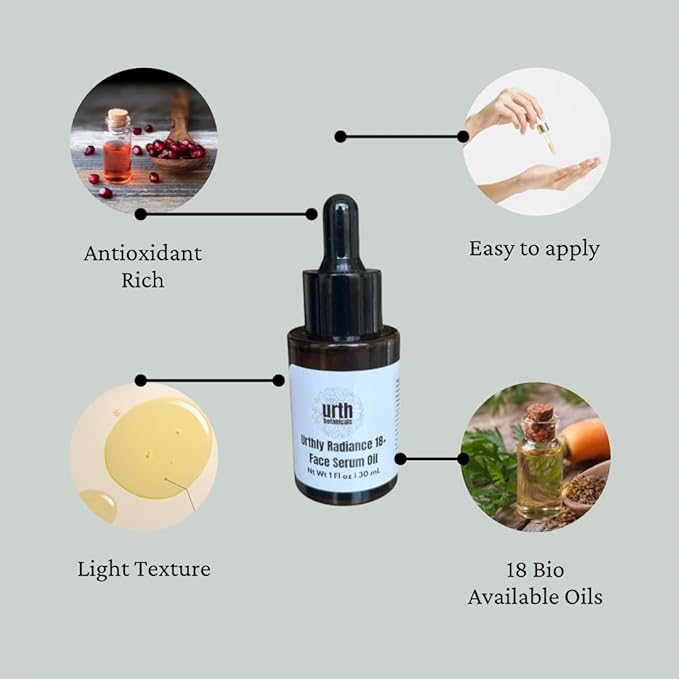 Urthly Radiance 18+ Face Serum Oil – 18 Cold-Pressed Botanical Oils + Deep Sea Squalane | Anti-Aging, Brightening & Hydrating Face Oil for Mature, Dry & Sensitive Skin | Plant-Based, Clean Beauty, 1oz