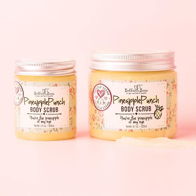 Bella & Bear Pineapple Body Scrub Exfoliator – Vegan Sugar Scrub, Travel Size 3.4 oz, Fresh Pineapple Scent