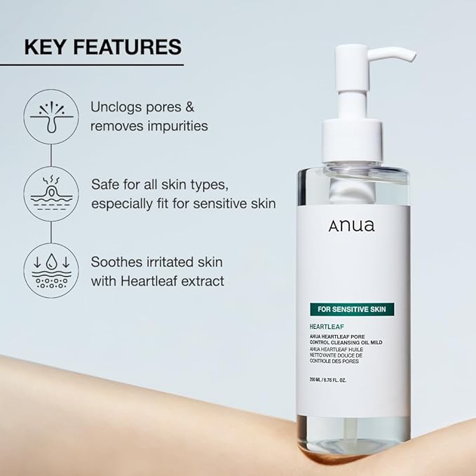 ANUA Heartleaf Pore Cleansing Oil MILD, Sensitive Skin Face Wash, Oil Cleanser for Face, Makeup Cleanser, Korean Skin Care, Non-Comedogenic, Fragrance Free, 6.76 fl oz