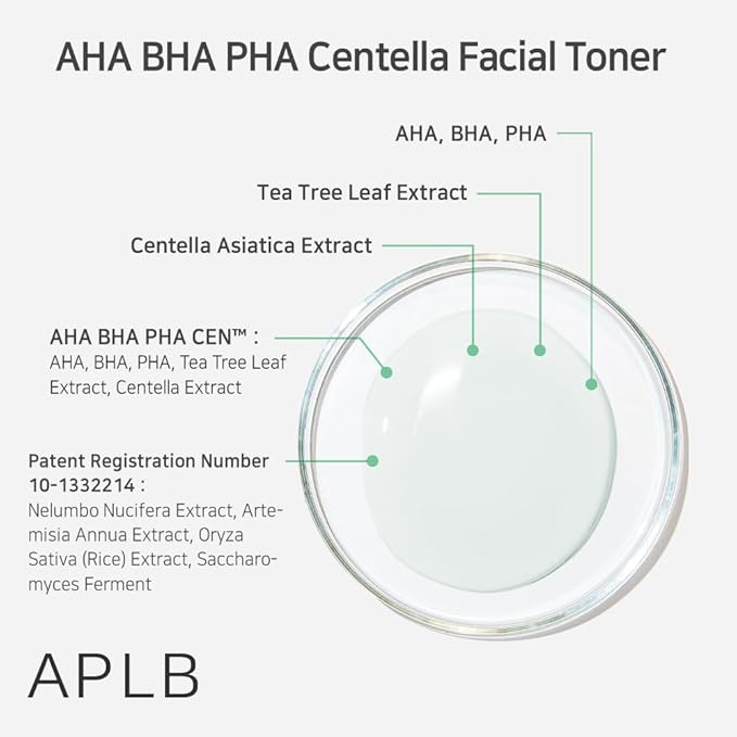 APLB AHA BHA PHA Centella Facial Toner | AHA BHA PHA CEN™ 16.4% 5.41 FL.OZ/Korean Skincare, Exfoliant, Replenishing Moisture, Revitalize for Gentle and Improve Skin Texture