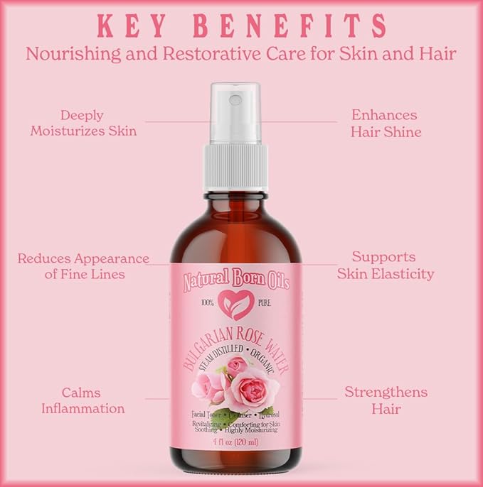 Natural Born Oils 4oz Rose Water Hydrosol, 100% Pure and Natural, Organic, Steam-distilled, Facial Toner Cleanser, with Sprayer