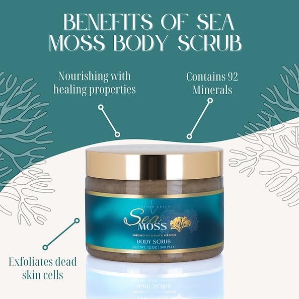 Exfoliating Sugar Body Scrub, Nourishing and Brightening Skincare Formula for Smooth, Radiant Skin, Hydrates & Revitalizes All Skin Type, 12 oz (12 OZ, Sea Moss)