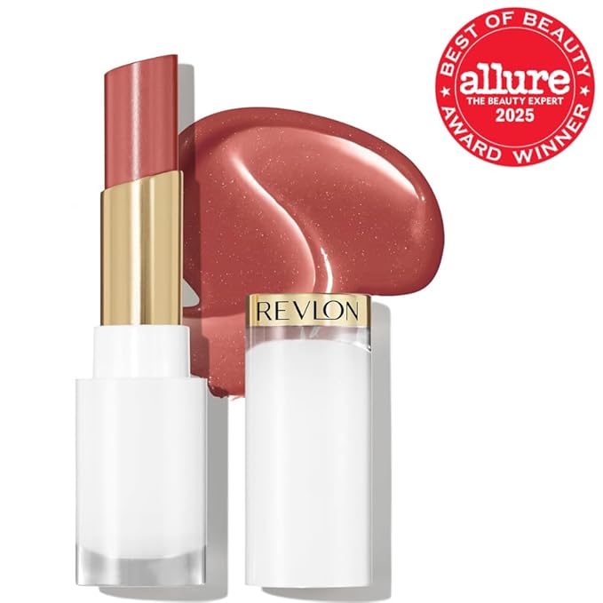 REVLON Super Lustrous Glass Shine Balm, Hydrating Tinted Lip Balm with Hyaluronic Acid, Aloe & Rose Quartz, 004 Nude Illuminator, 0.11 oz