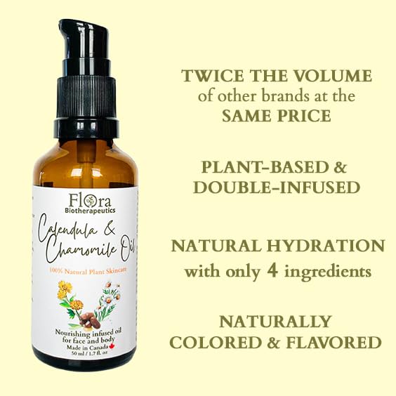 FLORA Organic Calendula & Chamomile Flowers Double Infused in Golden Jojoba Oil. 100% Plant Based & Unscented. 1.7fl oz. Gentle Soothing Oil for Sensitive Skin - for Face, Body, Hair - Made in Canada