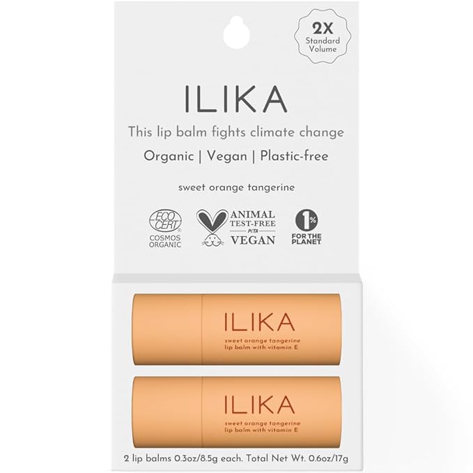 ILIKA 100% Natural Lip Balm - 2X Volume, Organic, Plastic-free, Vegan, Cruelty-Free, COSMOS Certified Organic, PETA Certified, Plant-Based, Biodegradable Tube, 2 Pack, Orange Tangerine - 0.3 Oz each