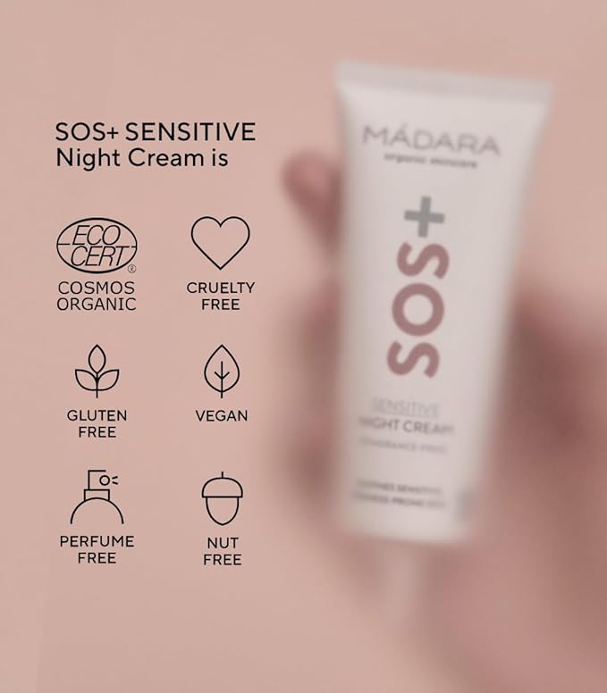 Madara Organic Skincare | SOS+ SENSITIVE Night Cream, – Calming moisture for sensitive, reactive and redness-prone complexions, Dermatologically proven to soothe redness, Fragrance and colourant-free