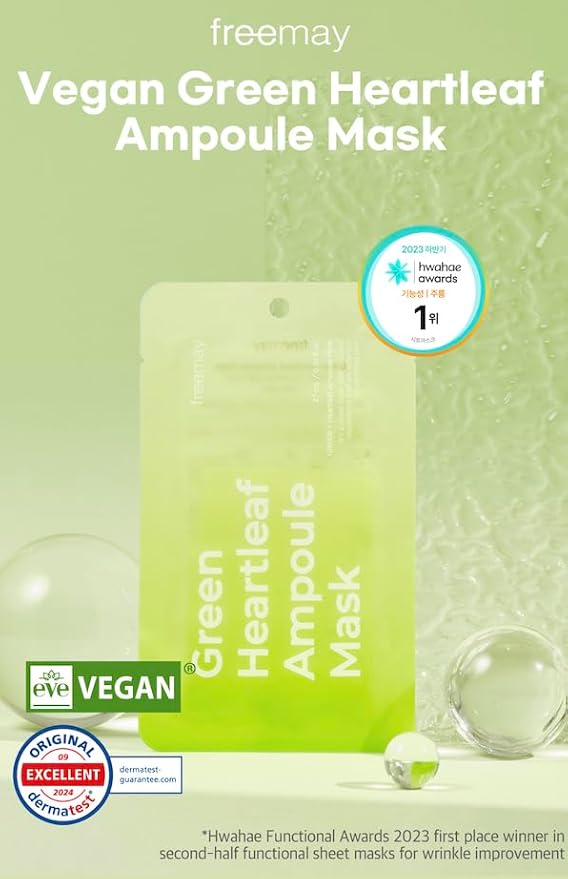freemay Vegan Green Heartleaf Ampoule Mask 27ml (0.91 fl oz) × 10 Sheets – Himalayan Heartleaf for Calming & Hydration, Vegan Facial Sheet Mask for All Skin Types