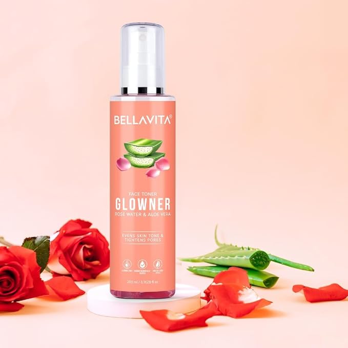 Bella Vita Organic Glowner Face Toner, Alcohol Free, Rose Water 200ml Pore Minimizing Tightening Natural Toner Spray for Glowing Skin - All Skin Types