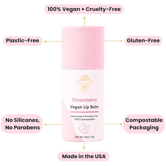 Strawberry Scented Lip Balm 2 Pack - Vegan and Organic Lip Moisturizer - Cruelty-Free, Eco-Friendly - Made in USA with Compostable Packaging - Artfully Crafted Lip Balm Set