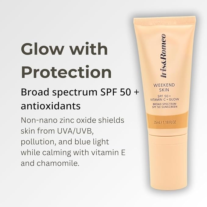 IRIS&ROMEO Weekend Skin SPF 50 Instant Glow Tinted Mineral Sunscreen with Vitamin C + Niacinamide Full Size 1.18 Oz - Universal Glow (Sheer Luminosity)
