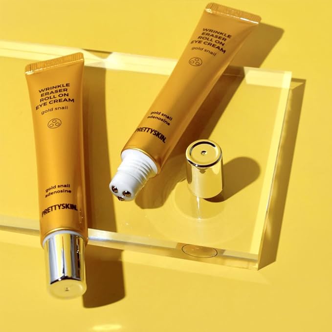 PRETTYSKIN Snail Mucin Eye Cream Roller – Korean Under Eye Cream for Puffiness, Fine Lines, Wrinkles, Dark Circles – Hydrating, Cooling Roll-On with Stainless Steel Tip – 1.01 fl.oz. (Gold Snail)