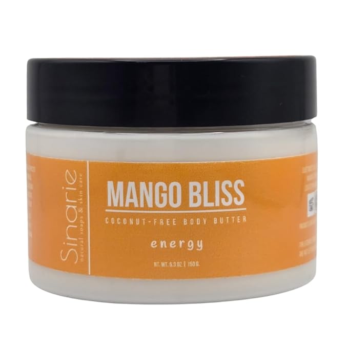Sinarie Coconut-Free Body Butter | Luxurious Hydration with Shorea Butter, Evening Primrose Oil, Argan & Moringa Oil | Non-Greasy, Natural Ingredients | For Sensitive Skin (5.3 oz., Mango Bliss)