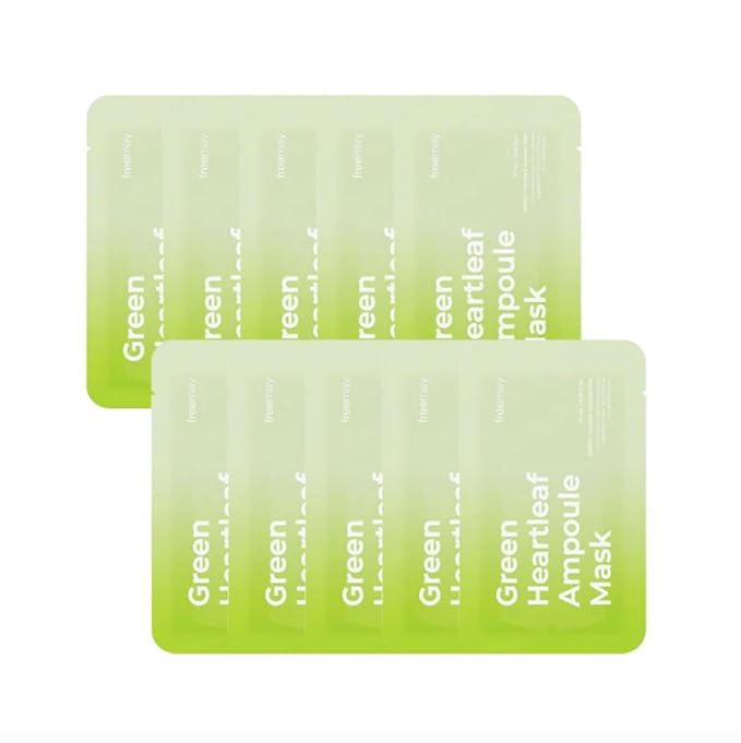 freemay Vegan Green Heartleaf Ampoule Mask 27ml (0.91 fl oz) × 10 Sheets – Himalayan Heartleaf for Calming & Hydration, Vegan Facial Sheet Mask for All Skin Types