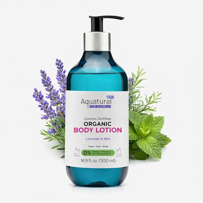 Organic Body Lotion for Women & Men, Cosmos Certified Daily Lotion, Sensitive Skin Lotion, Deep Hydration for Dry, Rough & Sensitive Skin Types, Lightweight, Lavender, Mint 16.9 Fl Oz