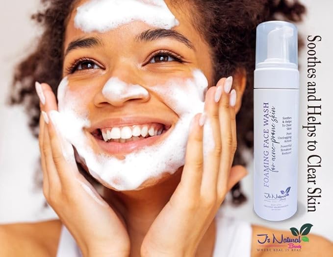 J's Natural Beauty Foaming Face Wash, Gentle Vegan Cleanser for Acne-Prone Skin