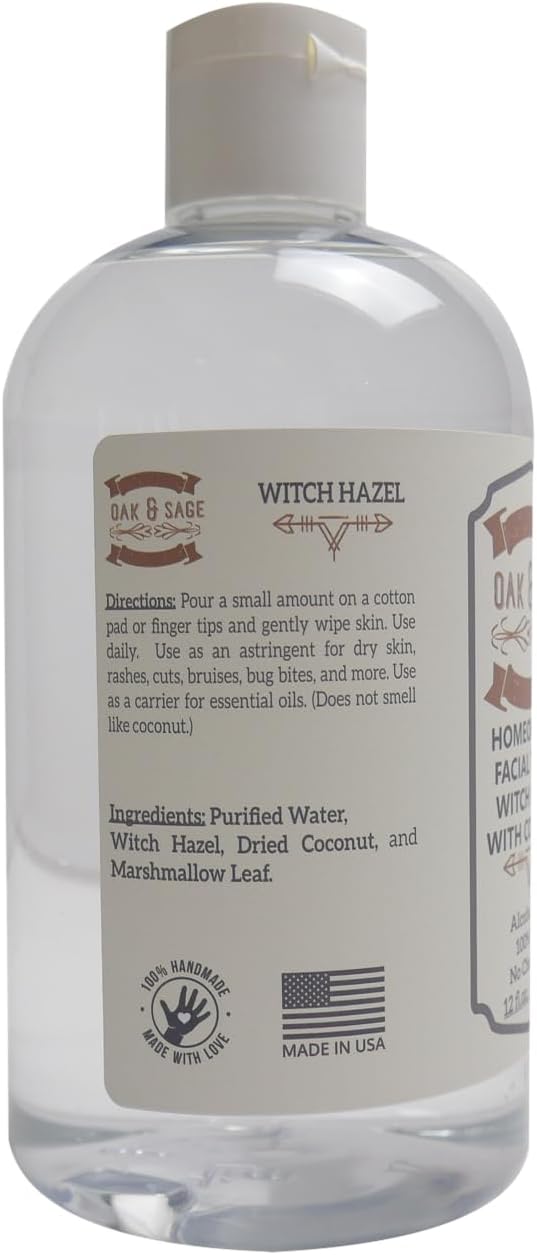 Oak & Sage Homeopathic Facial Toner Witch Hazel with Coconut - Unscented - 12oz Astringent, 100% Pure, No Alcohol, No Additives