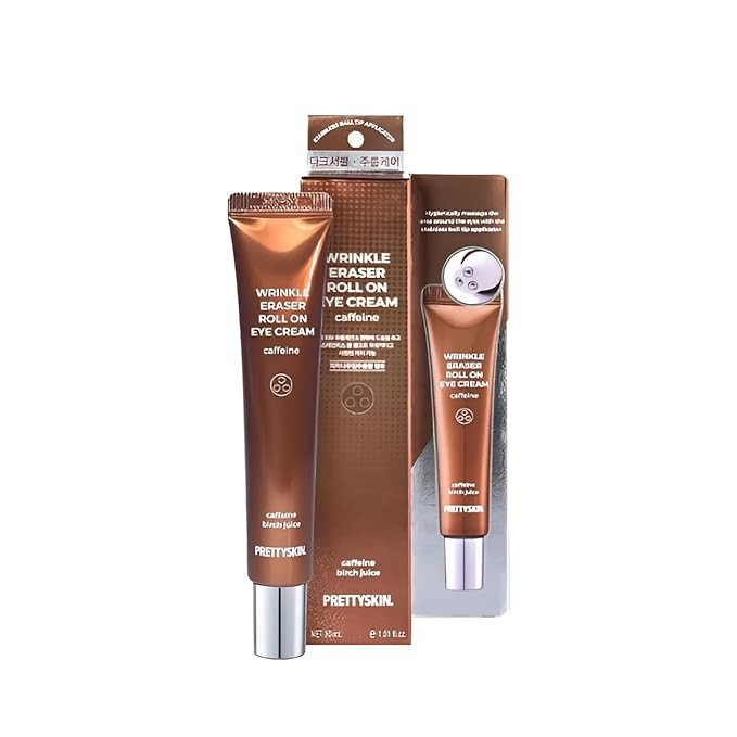 PRETTYSKIN Roll on Eye Cream with Caffeine and Stainless Steel ball Tip- Under Eye Roller Cream for Elasticity Wrinkles Puffiness Fine Lines-Korean eye cream 30ml/1.01fl.oz. (Caffeine)