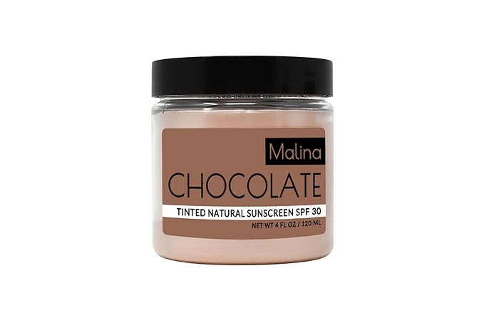 Malina™ Organic Chocolate Tinted Natural Sunscreen | SPF 30+ | Nontoxic | Reef-Safe | No Preservatives | No Synthetic Fragrance | 3 Shades | With Non-Nano Zinc-Oxide (4 Fl Oz, Light)