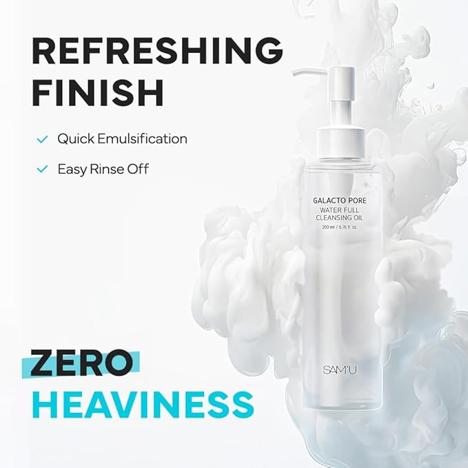 SAM'U Galacto Pore Water Full Cleansing Oil for Face, Korean Facial Cleanser & Makeup Remover with Galactomyces & Rice bran Oil, Non-Comedogenic, All Skin Types, 6.76 fl oz