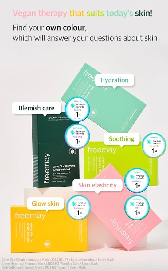 freemay Vegan Green Heartleaf Ampoule Mask 27ml (0.91 fl oz) × 10 Sheets – Himalayan Heartleaf for Calming & Hydration, Vegan Facial Sheet Mask for All Skin Types