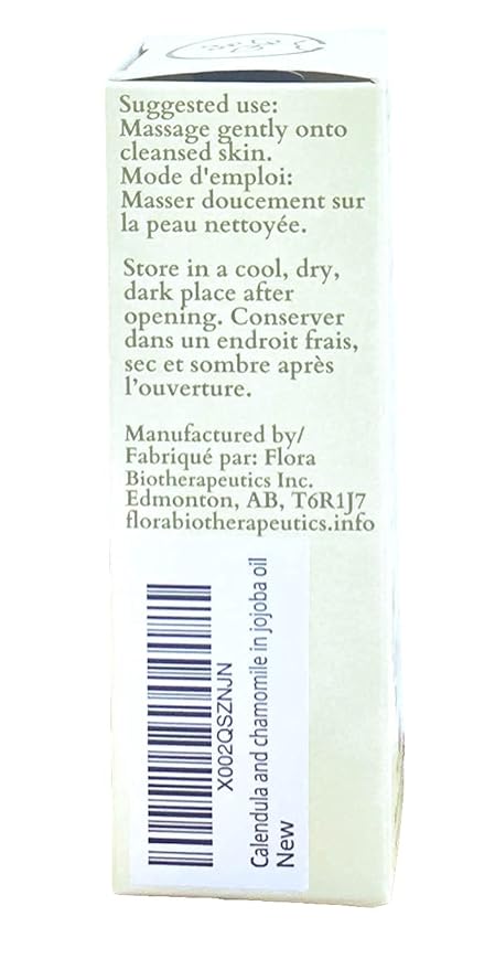 FLORA Organic Calendula & Chamomile Flowers Double Infused in Golden Jojoba Oil. 100% Plant Based & Unscented. 1.7fl oz. Gentle Soothing Oil for Sensitive Skin - for Face, Body, Hair - Made in Canada