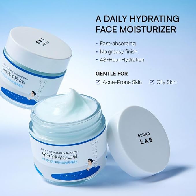 ROUND LAB Birch Juice Moisturizing Cream 2.7 Fl Oz, 48-Hour Deep Hydrating Face Moisturizer with Birch Sap & Vita Hyaluronic Acid for Acne-Prone Skin, Reduces Sebum, Oil, Blackheads, Korean Skin Care