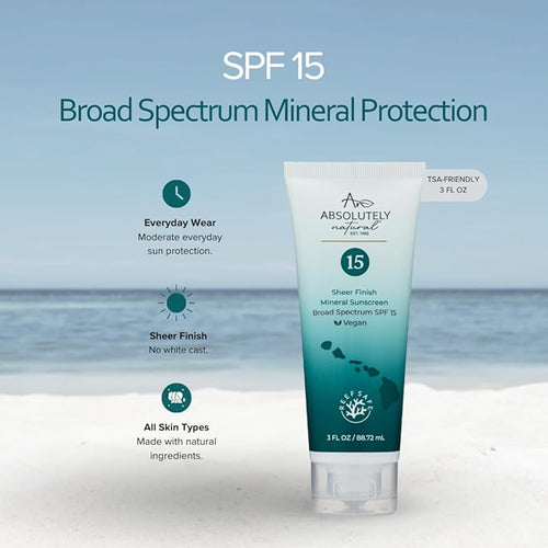 Absolutely Natural - SPF 15 Mineral Sunscreen - Broad Spectrum Water Resistant Moisturizer Lotion For Body & Face - With Non-Nano Zinc Oxide, Vitamin E, & Antioxidants - Made in USA, 3 Oz