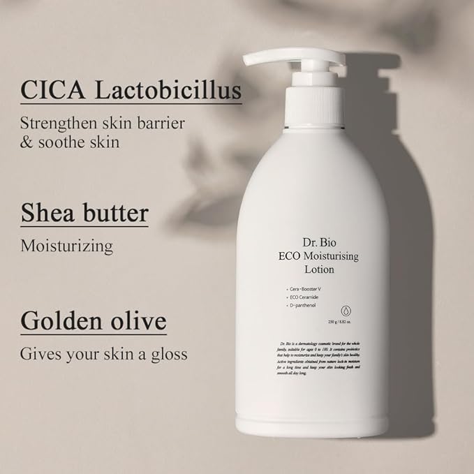 Dr.Bio Eco Moisture Lotion, Body & Face Daily Moisturizer for Sensitive Skin Types with Ceramide Shea Butter, Probiotics & Cica, Organic & Vegan, Fragrance-Free, Hypoallergenic Korean Skincare
