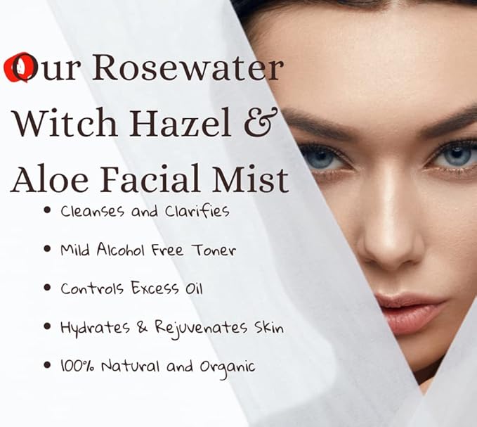 Organic Rosewater and Witch Hazel Toner Facial Mist with Aloe - Alcohol Free | 4 Oz